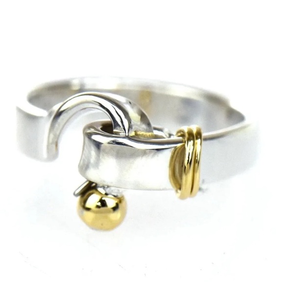 Tiffany & Co 925 Sterling Silver & 18k Gold Hook Eye Ring Size 4 - Picture 3 of 9